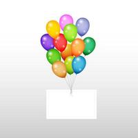 Bunch of balloons holding up an empty banner. Balloons header background. Party card with colourful balloons vector