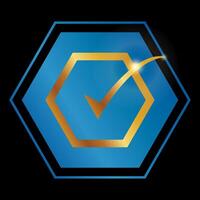 gold check mark icon circle gold certification seal blue gradient background vector