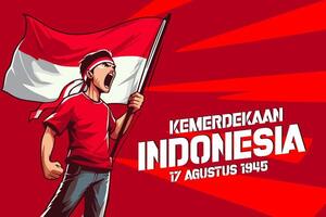 template man with indonesian flag indonesian independence theme august 17, 1945 vector