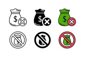 icon set no dollar bill bag. modern design isolated on white background vector