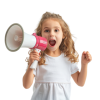 A young girl is holding a microphone and making a loud noise. Concept of excitement and enthusiasm, as if the girl is performing or participating in a fun activity png