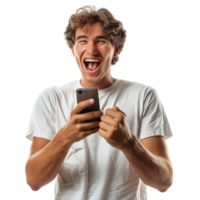 A man is holding a cell phone and laughing. He is smiling and he is happy. Concept of joy and amusement png