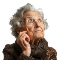 An old woman with a scarf on her neck is looking up at the camera. She is deep in thought, possibly pondering a question or contemplating something. Concept of wisdom and introspection png