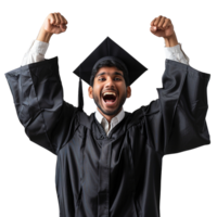 A man in a black graduation gown is smiling and raising his hands in the air. Concept of accomplishment and joy, as the man has just graduated from college png