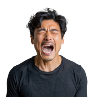 A man is crying and his mouth is open. Concept of sadness and vulnerability png