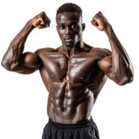 A man with a muscular build is posing for a photo. He is flexing his arms and chest, showcasing his impressive physique. Concept of strength and confidence, as the man's body language png