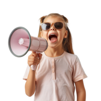 A young girl is holding a megaphone and smiling. Concept of fun and excitement, as the girl appears to be enjoying herself while making a loud noise. The megaphone adds to the playful atmosphere png