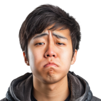 Asian man with a beard is looking at the camera with a sad expression png