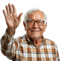 simpático antiguo hombre con lentes y un tartán camisa es ondulación. él es sonriente y él es contento png