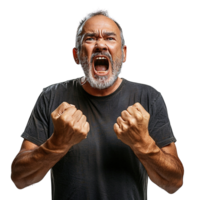 A man with a beard and gray hair is standing with his hands raised in the air, making a fist and yelling. Concept of anger and frustration png