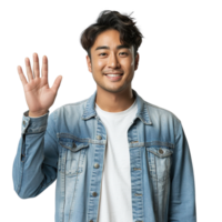 A young man in a blue jacket is smiling and waving at the camera. The image conveys a friendly and approachable mood, suggesting that the man is open to meeting new people or engaging in conversation png