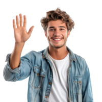 A man in a blue jacket is waving at the camera with a big smile on his face. Concept of friendliness and warmth, as the man's gesture and expression suggest that he is happy to be seen png