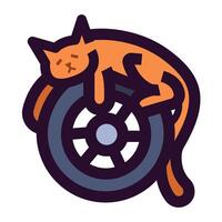 Orange cat sleeping on wheel colorful icon illustration isolated on square white background. Simple flat outlined cartoon art styled drawing. vector