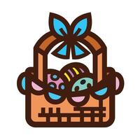 Easter eggs in basket with ribbon decorations colorful icon illustration isolated on square white background. Simple flat outlined cartoon art styled drawing. vector