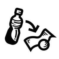 Turn plastic bottle to money icon illustration isolated on square white background. Simple flat outlined cartoon art styled drawing. vector