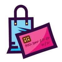Shopping with credit or debit card colorful icon illustration isolated on square white background. Simple flat outlined cartoon art styled drawing. vector