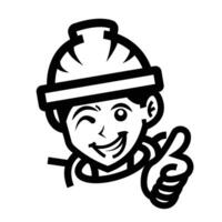 Construction worker with smile and thumbs up icon illustration isolated on square white background. Simple flat outlined cartoon art styled drawing. vector