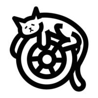 Cat sleeping on wheel icon illustration isolated on square white background. Simple flat outlined black and white cartoon art styled drawing. vector