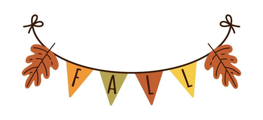 Autumn garland icon. Oak leaves and colorful triangle flags hang on a string. Red, yellow, orange plants, foliage of wild trees. Seasonal decoration for Thanksgiving, Halloween, fall party