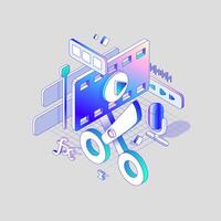 Axonometric Scissors cut film. editing concept in different dimensions. Isometric illustration vector