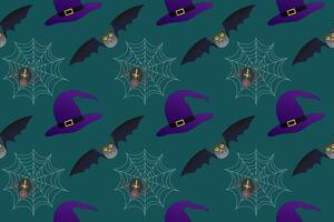Seamless Halloween pattern featuring bats, witch hats, spiders, and webs. Perfect for spooky-themed designs, backgrounds, and decorations. vector