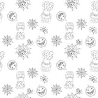 A seamless Halloween pattern featuring spiders, cobwebs, cauldrons, and pumpkins in an outline design perfect for coloring. vector