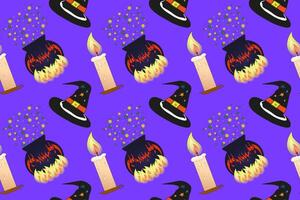 A seamless Halloween pattern featuring witch hats, cauldrons, and candles. Perfect for festive decorations and spooky designs. vector