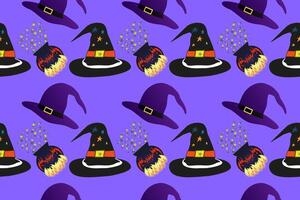 Seamless Halloween pattern featuring witch hats and bubbling cauldrons. Perfect for festive decorations, spooky projects, and seasonal designs. vector