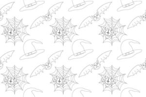 A fun and spooky Halloween-themed coloring page featuring witch hats, bats, and spider webs. Perfect for kids and adults to enjoy. vector
