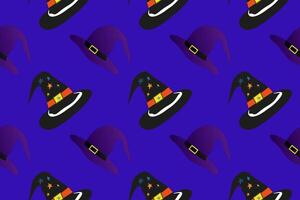 A seamless pattern featuring various witch hats on a dark background. Ideal for Halloween-themed designs, decorations, and spooky projects. vector