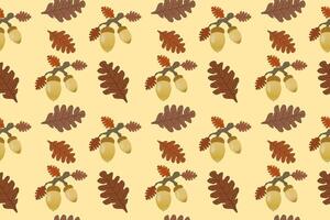Seamless autumn pattern featuring acorns and oak leaves. Perfect for fall-themed designs, backgrounds, and seasonal projects. vector