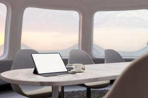 A tablet mockup stands on a table in a modern, minimalistic cafe with a futuristic spaceship theme. photo