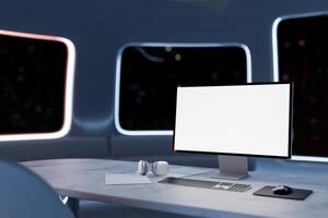 A computer mockup on a desk in a room with a dark futuristic spaceship theme design. photo