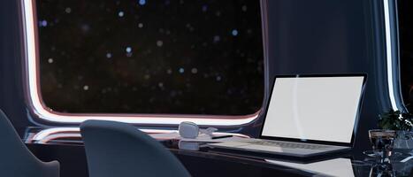 A laptop computer mockup on a desk in a room with a dark futuristic spaceship theme design. photo