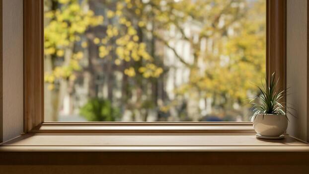 A front view image of a copy space for displaying your products on a wooden window sill. photo