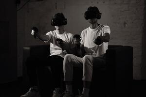 The player plays the game using virtual reality. Neon style. photo