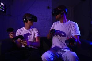 The player plays the game using virtual reality. Neon style. photo