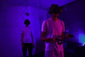 The player plays the game using virtual reality. Neon style. photo