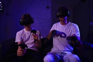 The player plays the game using virtual reality. Neon style. photo