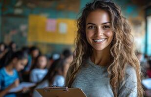 Female teacher smiling at camera holding clipboard with students doing homework in classroom setting photo