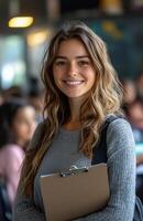 Female teacher smiling at camera holding clipboard with students doing homework in classroom setting photo