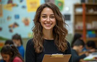 Female teacher smiling at camera holding clipboard with students doing homework in classroom setting photo