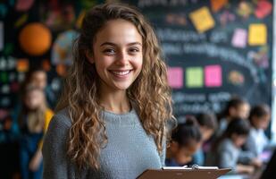 Female teacher smiling at camera holding clipboard with students doing homework in classroom setting photo