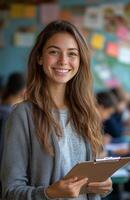 Female teacher smiling at camera holding clipboard with students doing homework in classroom setting photo