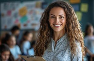 Female teacher smiling at camera holding clipboard with students doing homework in classroom setting photo