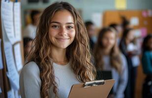 Female teacher smiling at camera holding clipboard with students doing homework in classroom setting photo