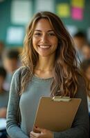Female teacher smiling at camera holding clipboard with students doing homework in classroom setting photo