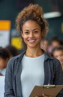 Female teacher smiling at camera holding clipboard with students doing homework in classroom setting photo