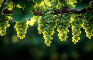 Green grapes hang from the vineyard branches in the warm sun, ready for harvest photo