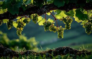 Green grapes hang from the vineyard branches in the warm sun, ready for harvest photo